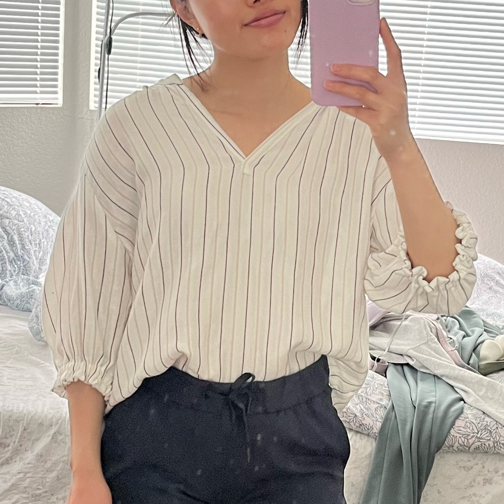 Striped White Blouse Cinched Sleeves